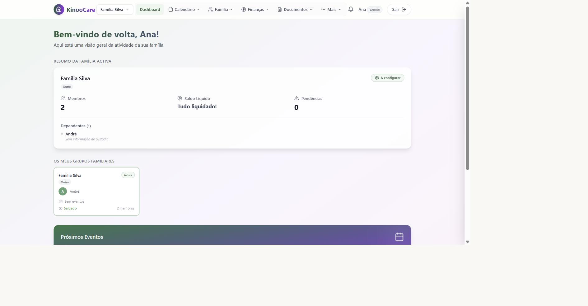View of the KinooCare dashboard, with the calendar shared between both homes